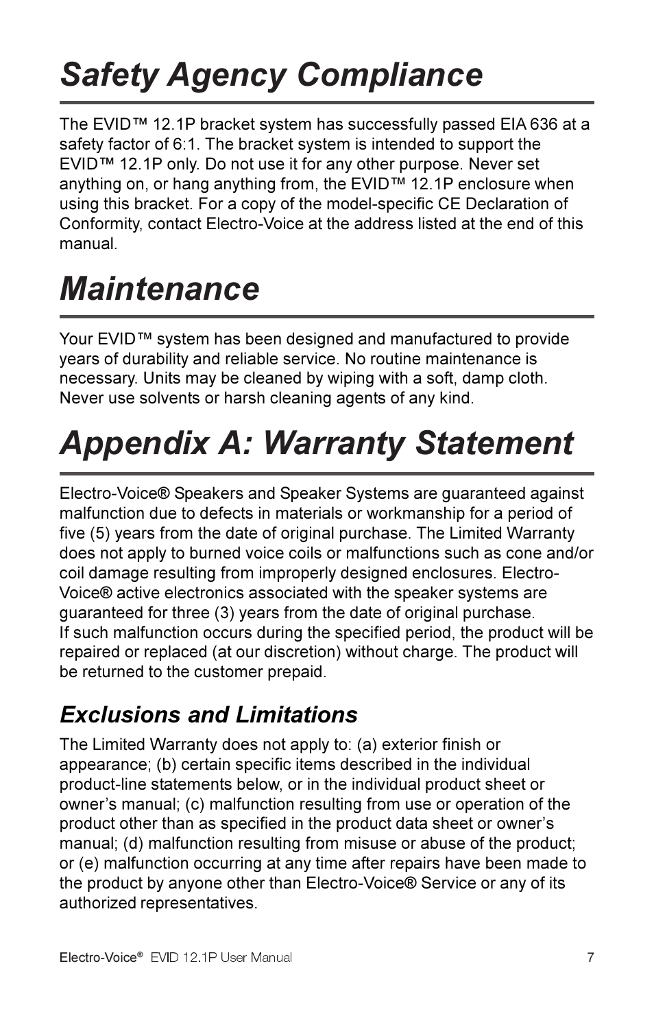 Safety agency compliance, Maintenance, Appendix a: warranty statement | Exclusions and limitations | Electro-Voice 2.1P User Manual | Page 9 / 16