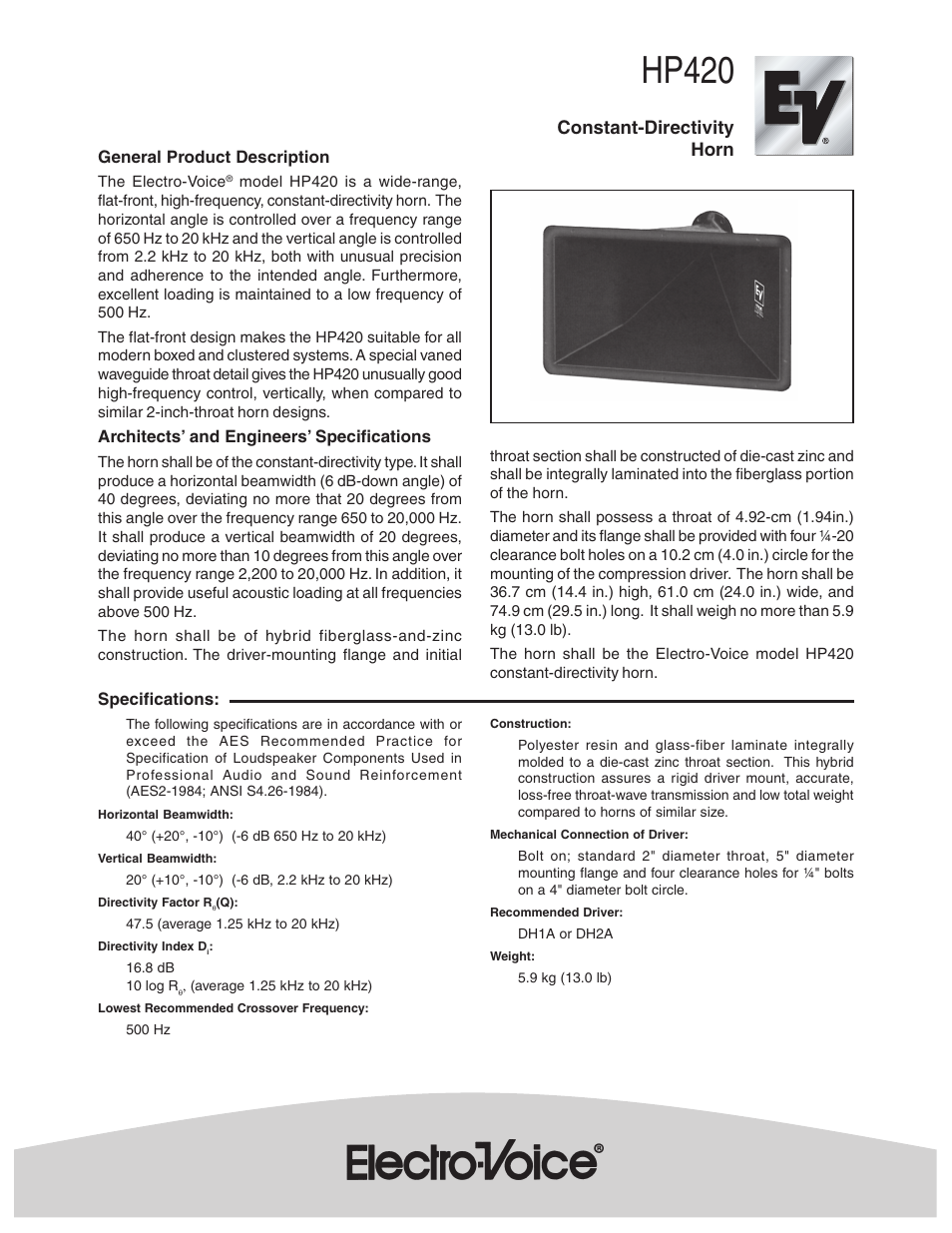 Electro-Voice Constant-Directivity Horn HP420 User Manual | 2 pages