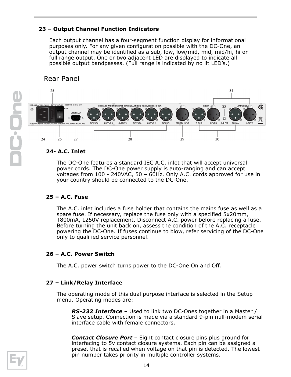 Rear panel | Electro-Voice Speaker System User Manual | Page 14 / 56