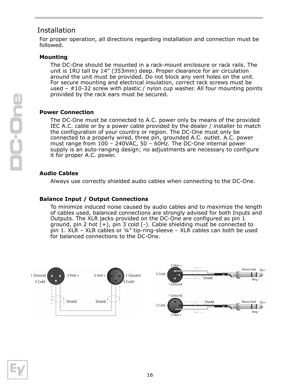 Installation, Mounting, Power connection | Audio cables, Balance input / output connections | Electro-Voice Speaker System User Manual | Page 16 / 56