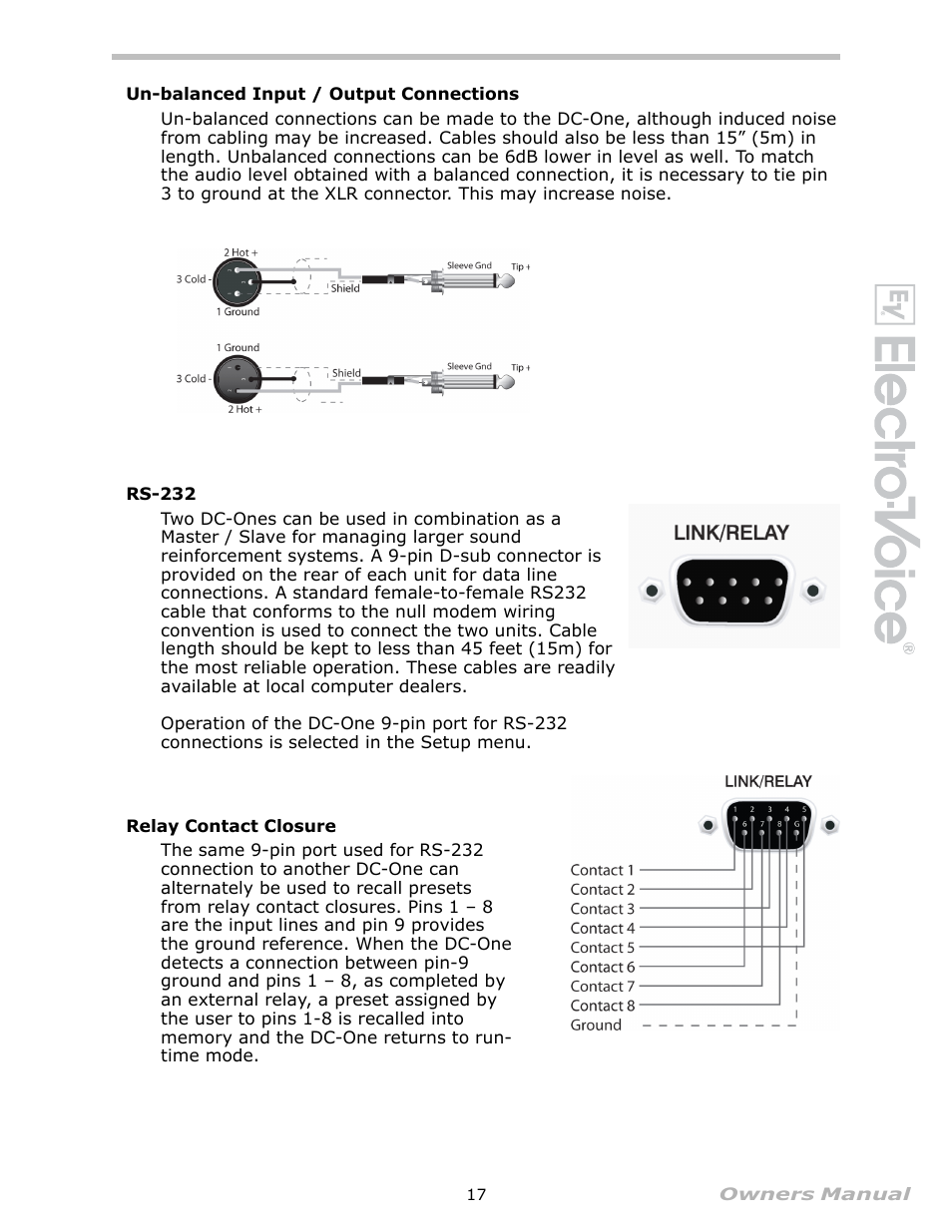 Un-balanced input / output connections, Rs-232, Relay contact closure | Electro-Voice Speaker System User Manual | Page 17 / 56