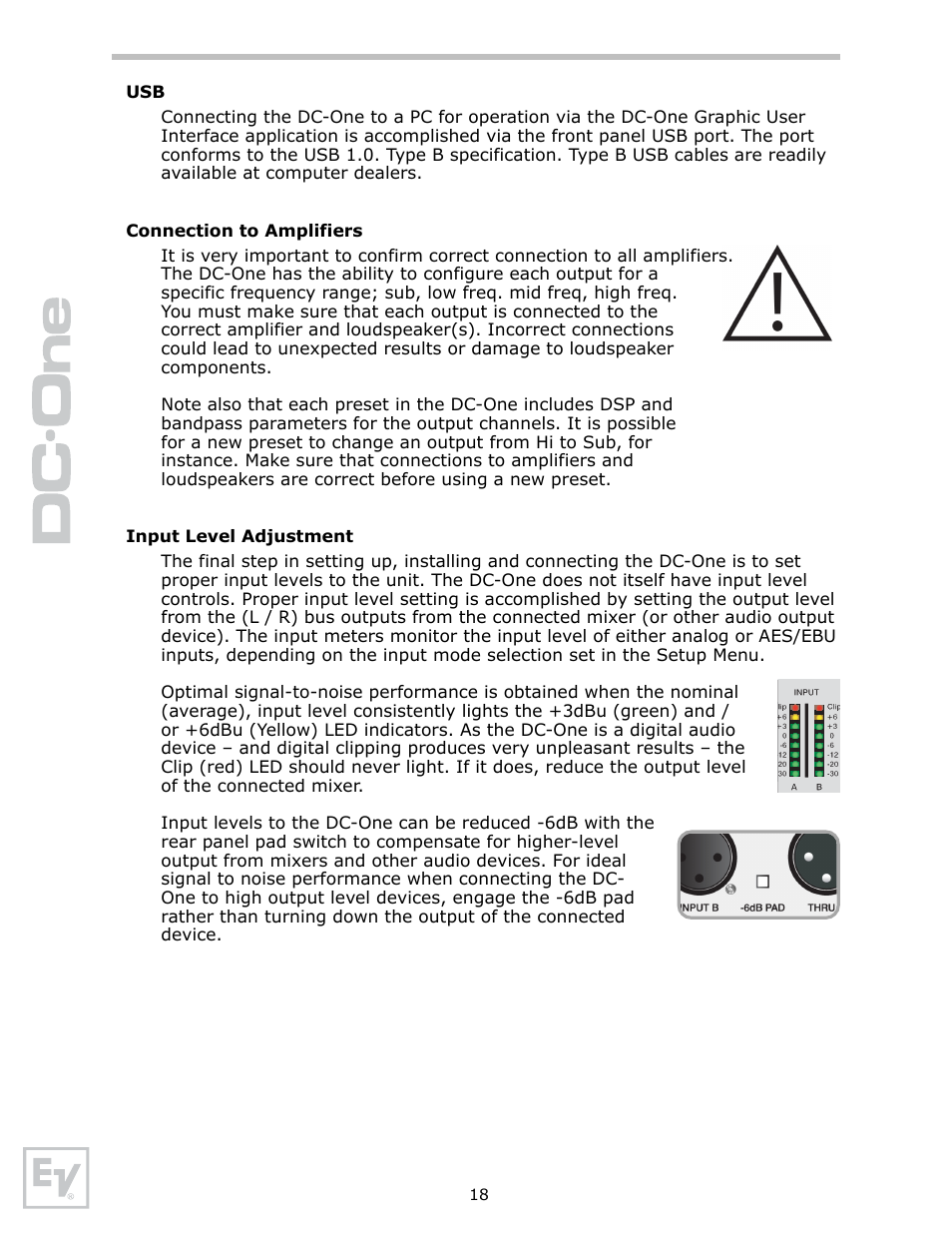 Connection to amplifiers, Input level adjustment | Electro-Voice Speaker System User Manual | Page 18 / 56