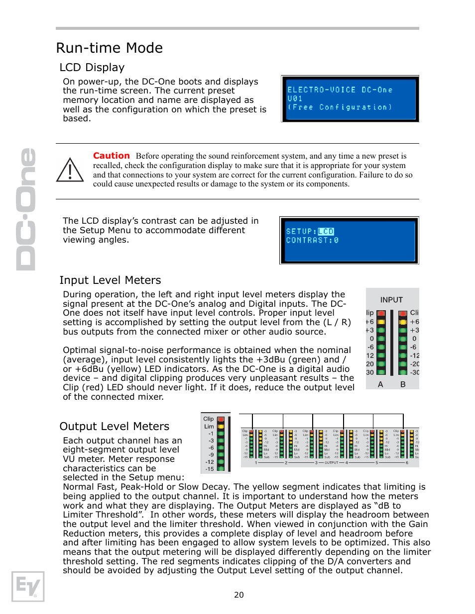 Run-time mode, Lcd display, Input level meters | Output level meters | Electro-Voice Speaker System User Manual | Page 20 / 56