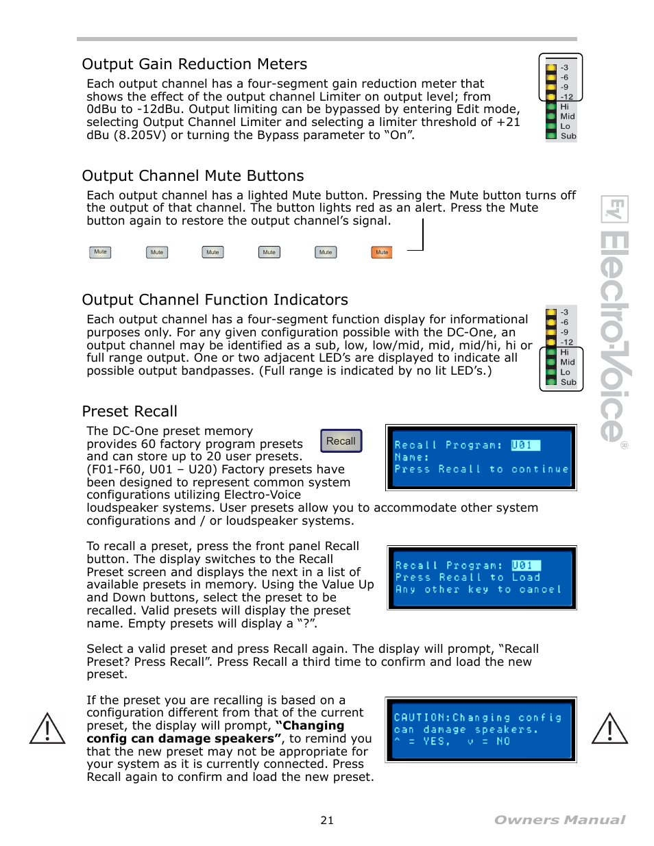 Output gain reduction meters, Output channel mute buttons, Output channel function indicators | Preset recall | Electro-Voice Speaker System User Manual | Page 21 / 56