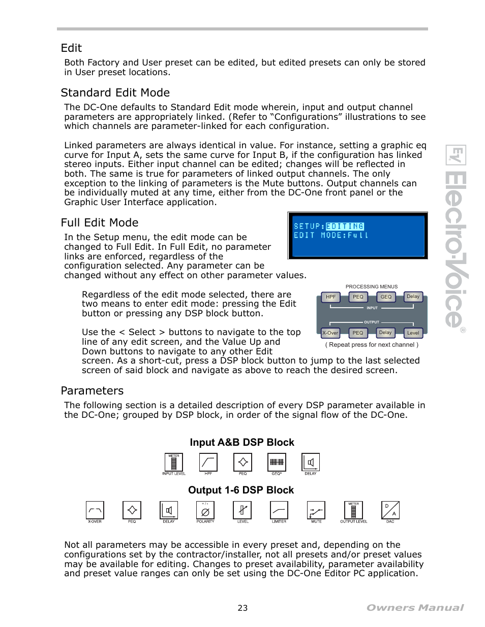 Edit, Standard edit mode, Full edit mode | Parameters, Input a&b dsp block output 1-6 dsp block | Electro-Voice Speaker System User Manual | Page 23 / 56