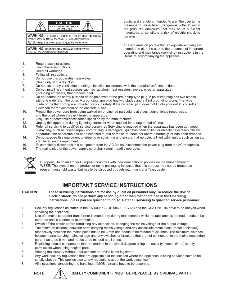 Important service instructions | Electro-Voice Speaker System User Manual | Page 3 / 56