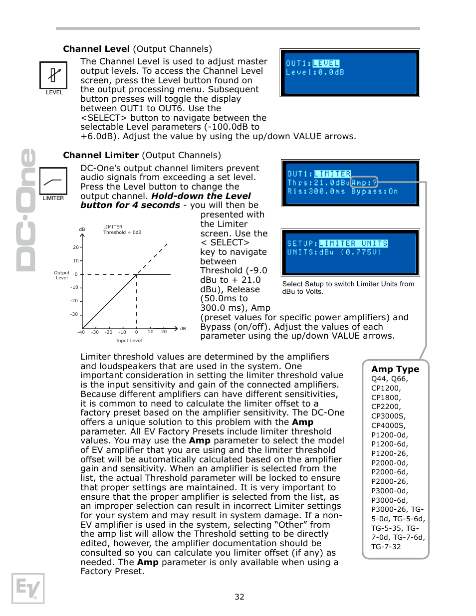 Channel level (output channels), Channel limiter (output channels) | Electro-Voice Speaker System User Manual | Page 32 / 56