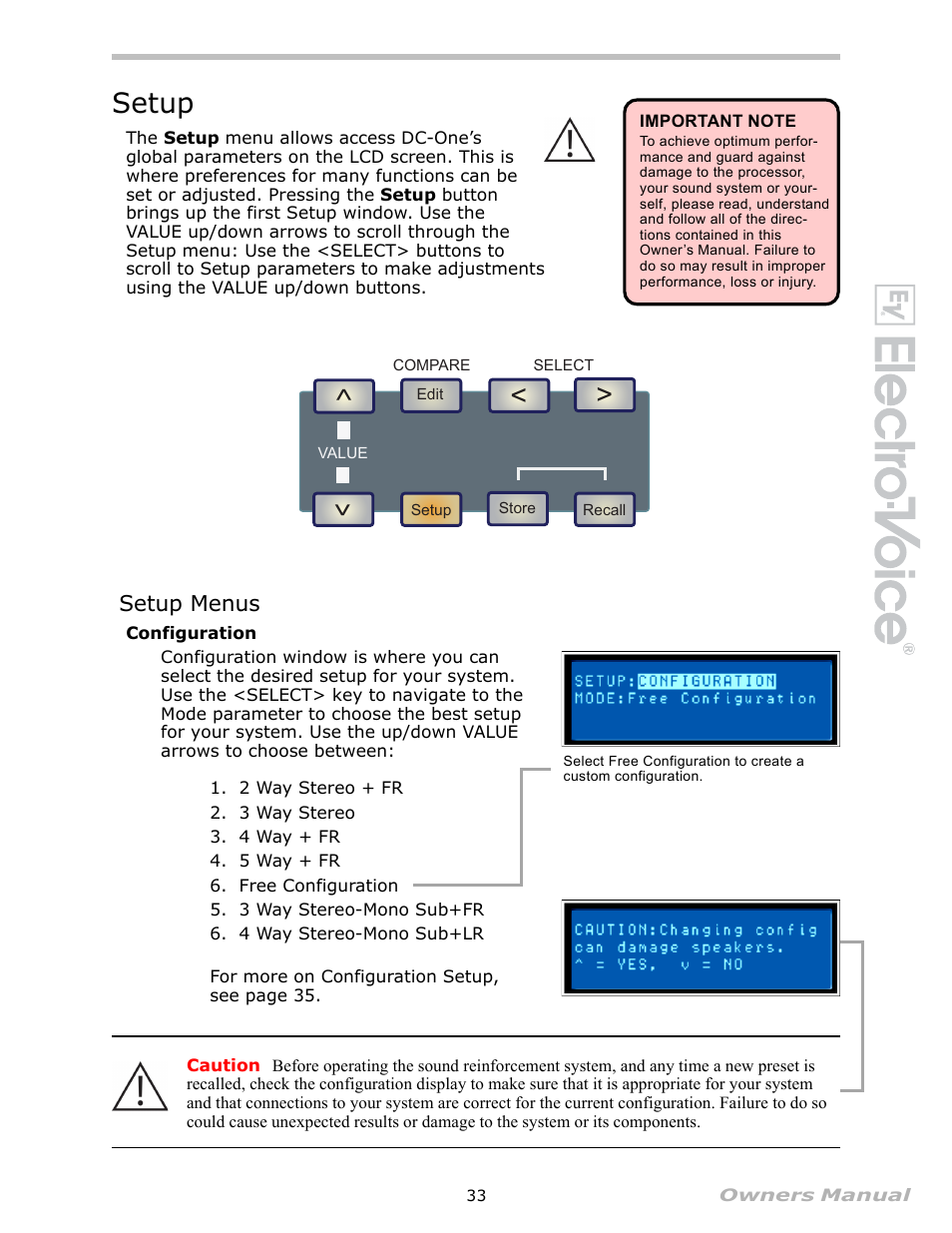 Setup, Setup menus, Configuration | Electro-Voice Speaker System User Manual | Page 33 / 56