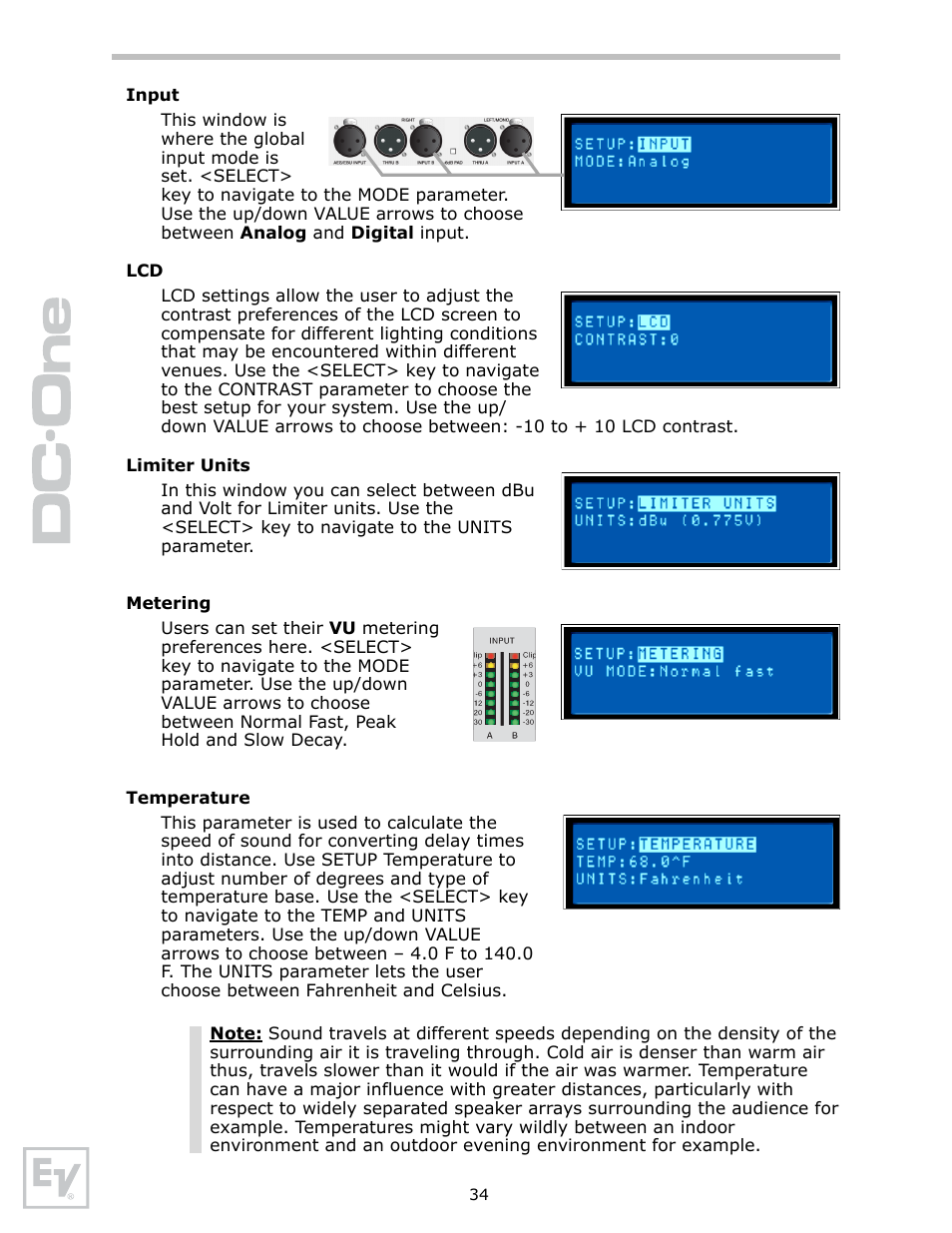 Input, Limiter units, Metering | Temperature | Electro-Voice Speaker System User Manual | Page 34 / 56