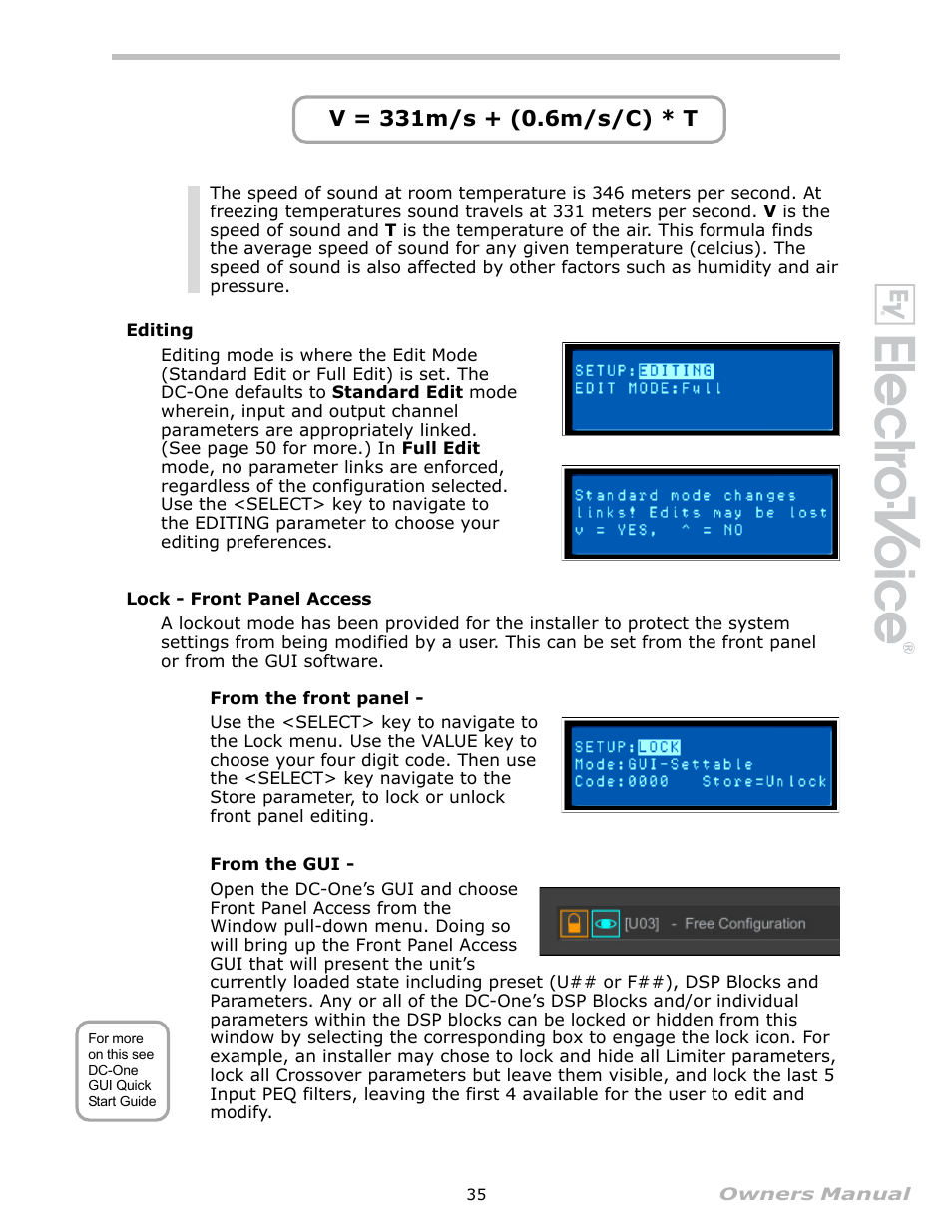 Editing, Lock - front panel access | Electro-Voice Speaker System User Manual | Page 35 / 56