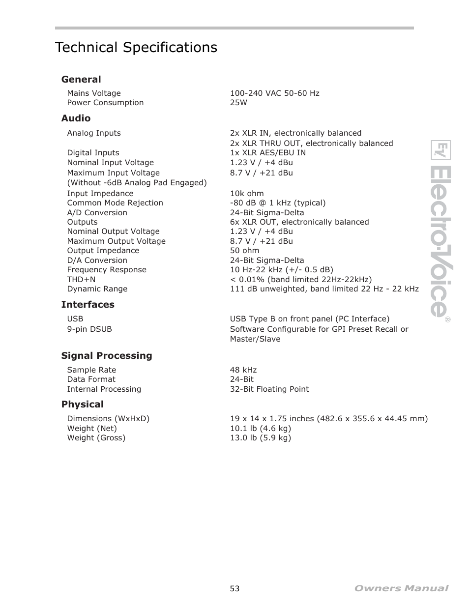 Technical specifications | Electro-Voice Speaker System User Manual | Page 53 / 56