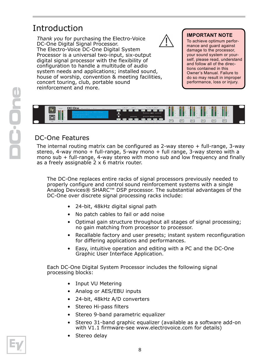 Introduction, Dc-one features | Electro-Voice Speaker System User Manual | Page 8 / 56