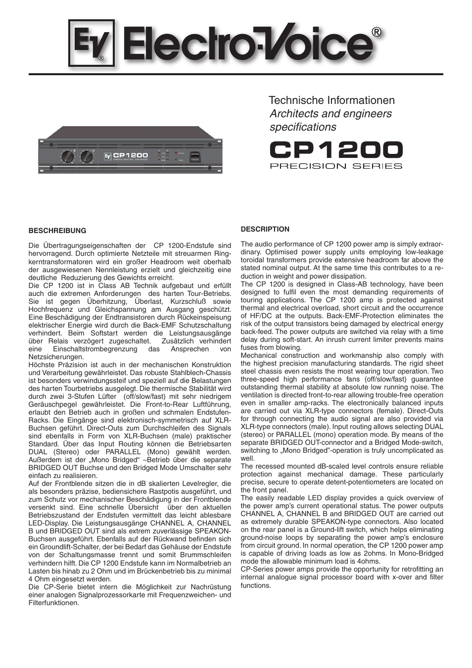 Electro-Voice CP 1200 User Manual | 4 pages