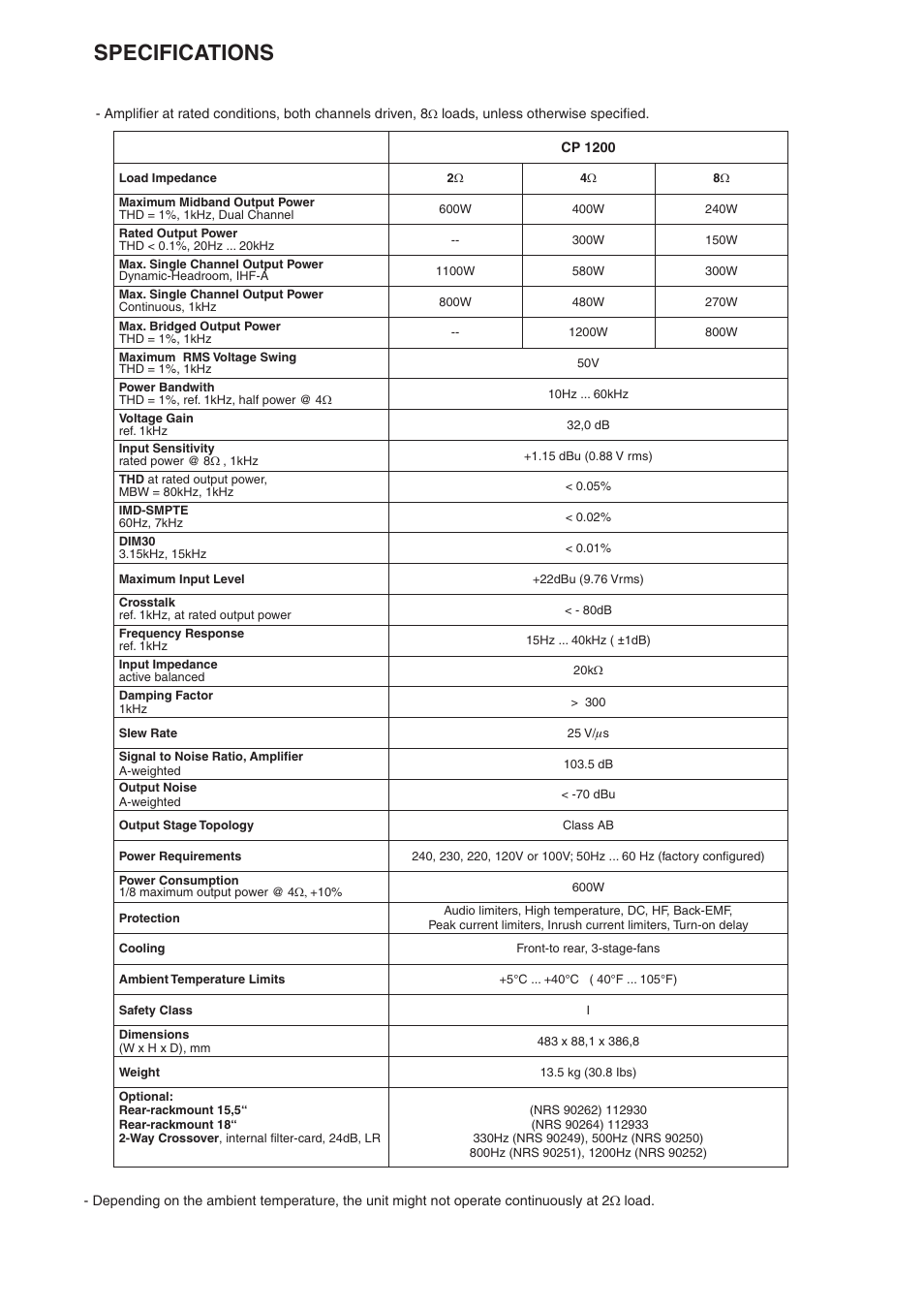 Specifications | Electro-Voice CP 1200 User Manual | Page 2 / 4