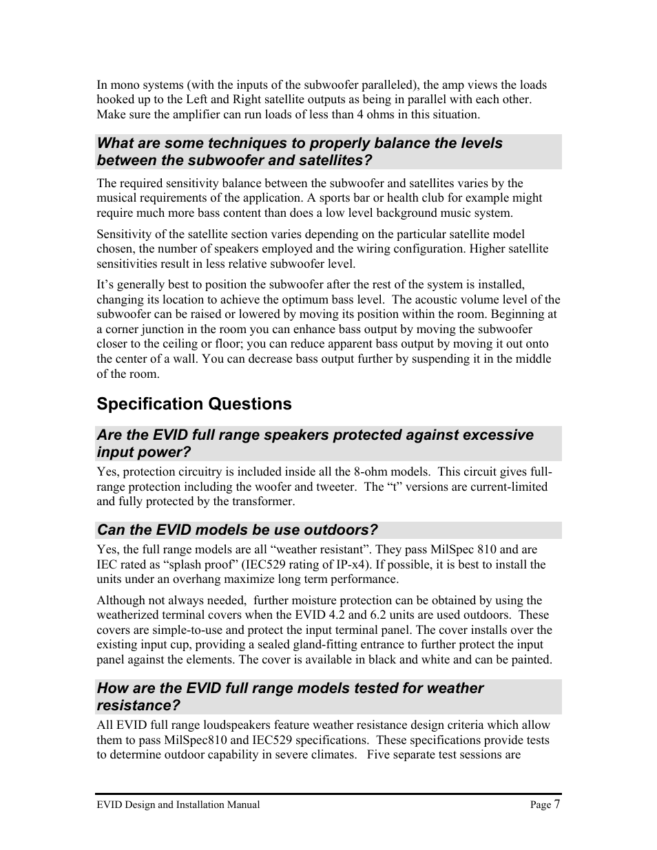 Specification questions | Electro-Voice Premium Surface Mount Speakers User Manual | Page 7 / 13