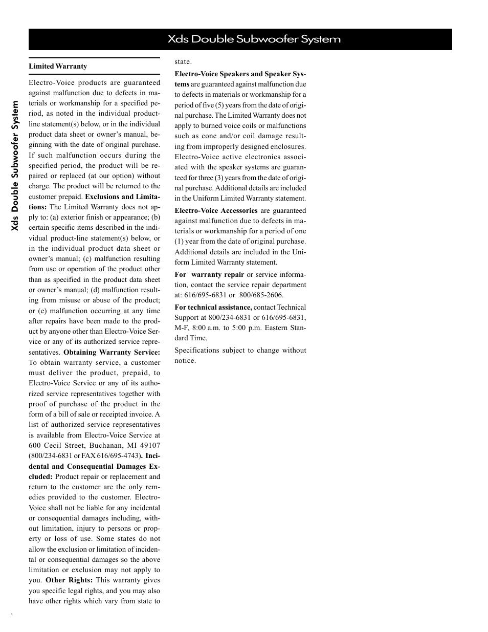 Xds double subwoofer system | Electro-Voice Speaker User Manual | Page 4 / 8