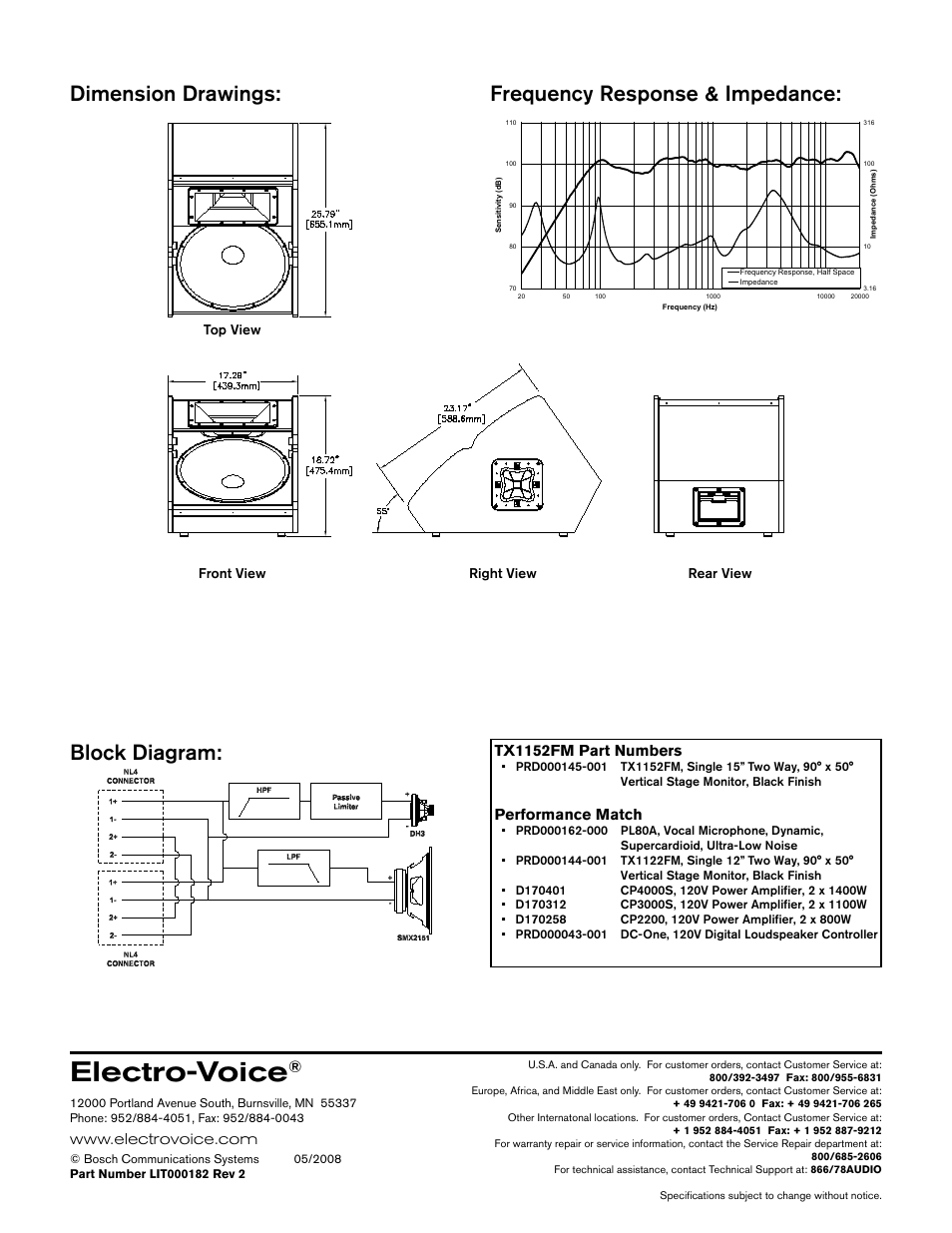 Electro-voice, Tx1152fm part numbers, Performance match | Electro-Voice TX1152FM User Manual | Page 2 / 2