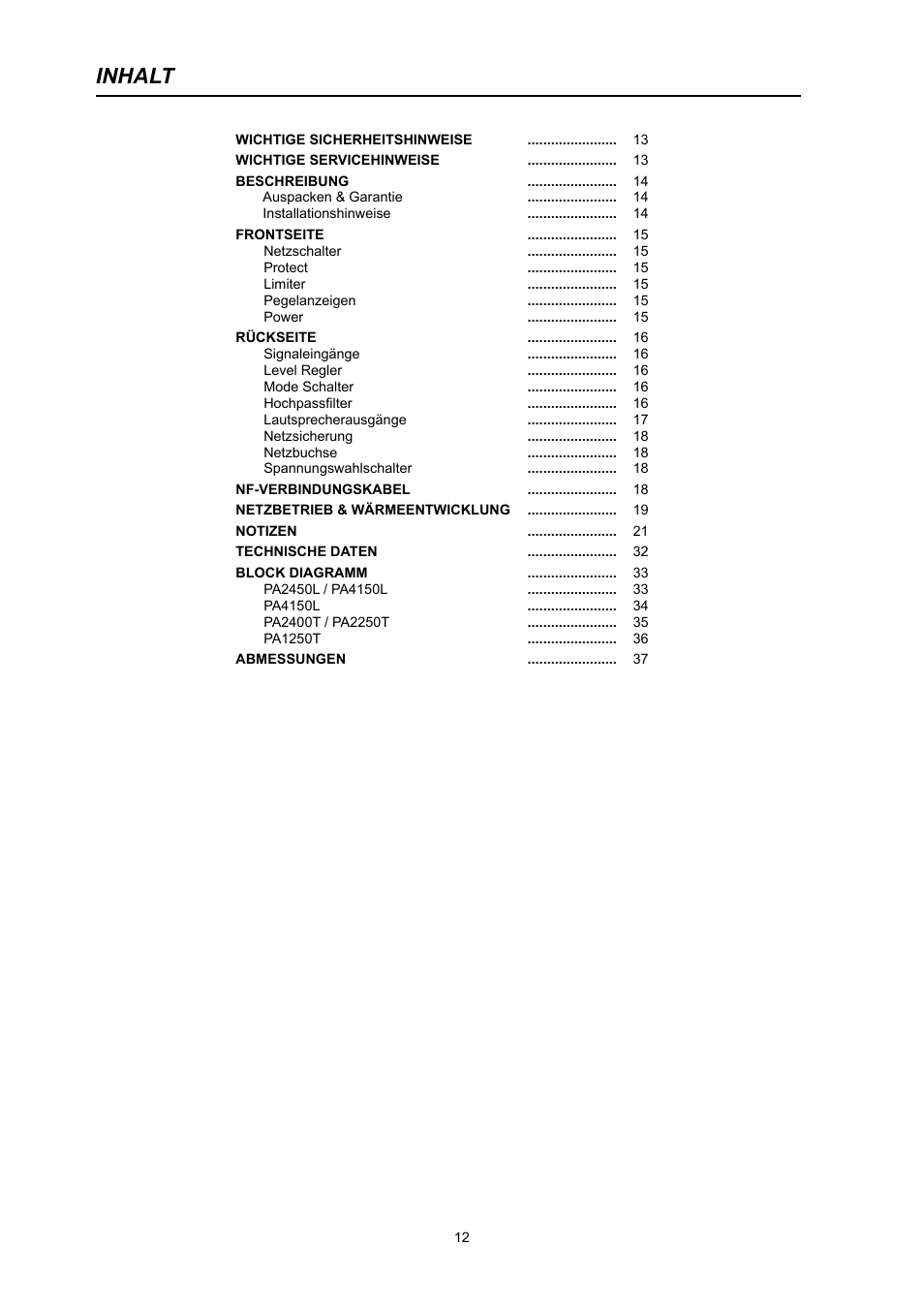 Inhalt | Electro-Voice PA2400T User Manual | Page 12 / 40