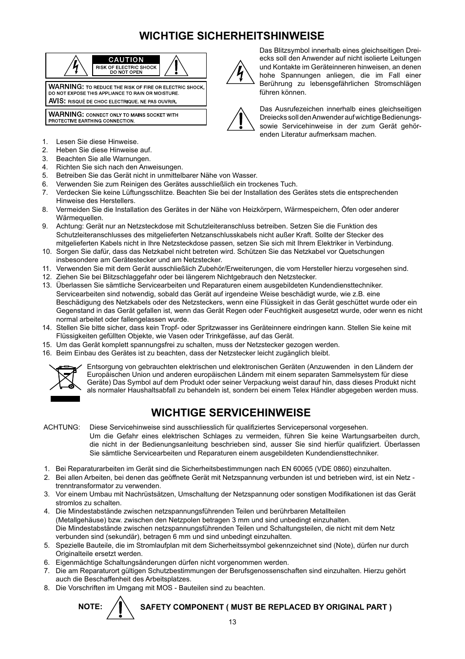 Wichtige sicherheitshinweise, Wichtige servicehinweise | Electro-Voice PA2400T User Manual | Page 13 / 40