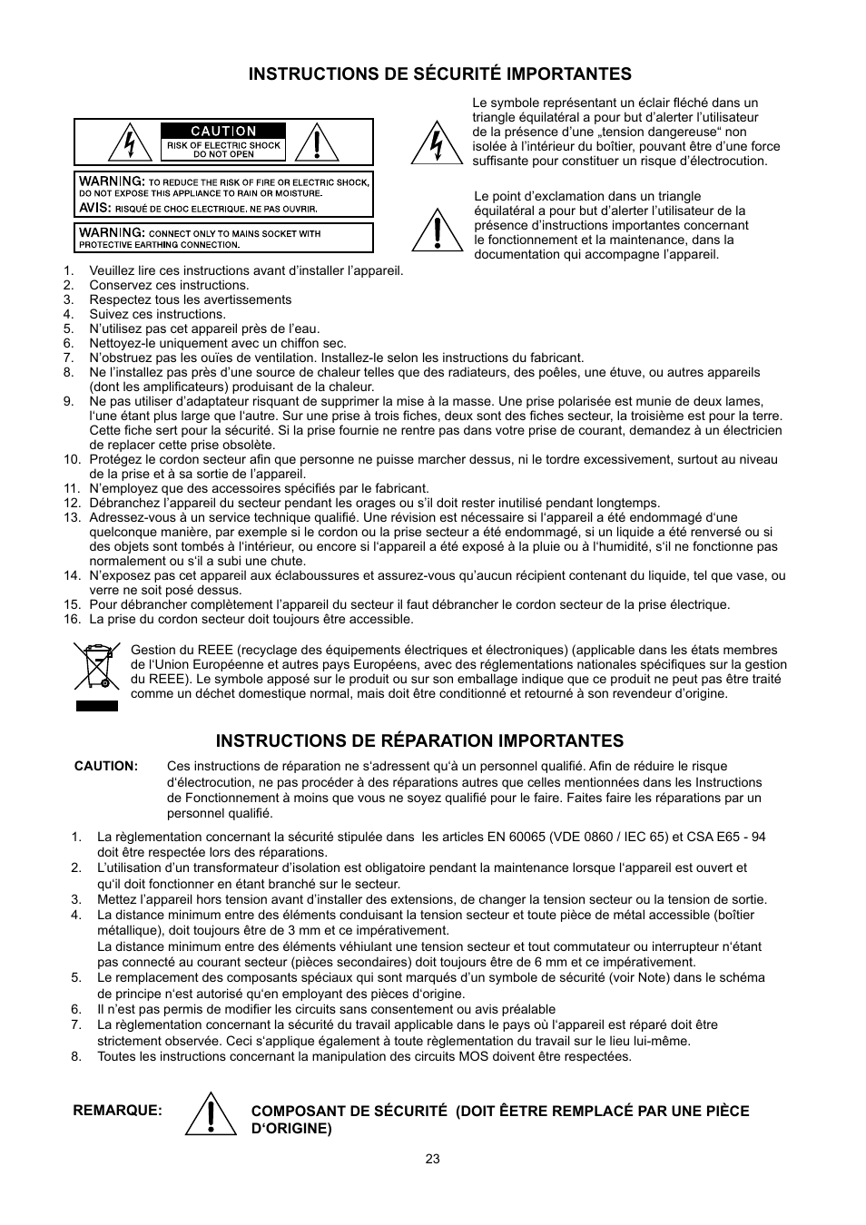 Instructions de sécurité importantes, Instructions de réparation importantes | Electro-Voice PA2400T User Manual | Page 23 / 40