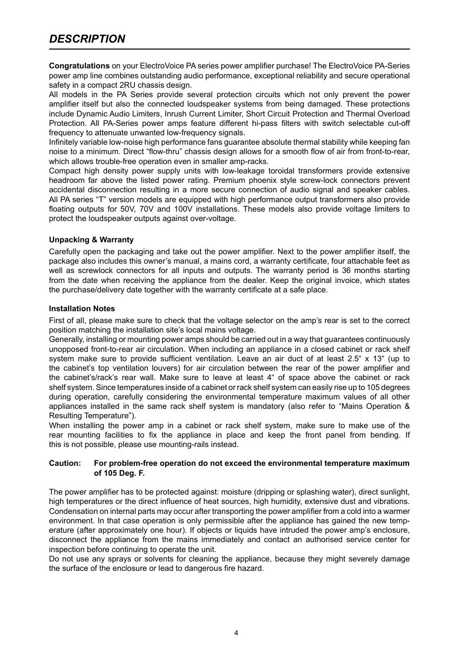 Description | Electro-Voice PA2400T User Manual | Page 4 / 40