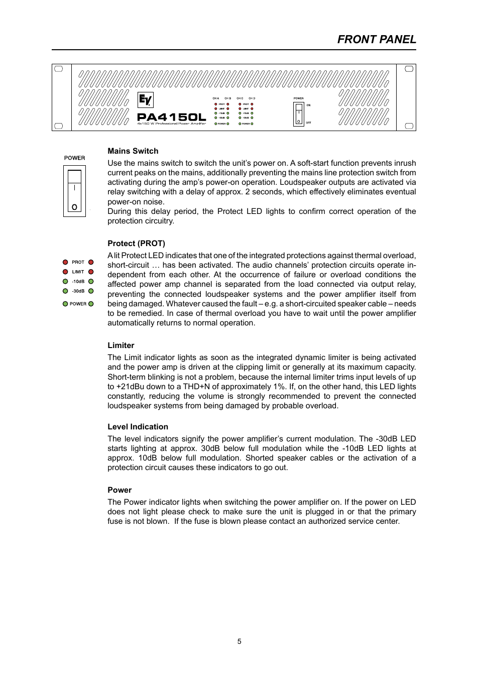 Front panel | Electro-Voice PA2400T User Manual | Page 5 / 40