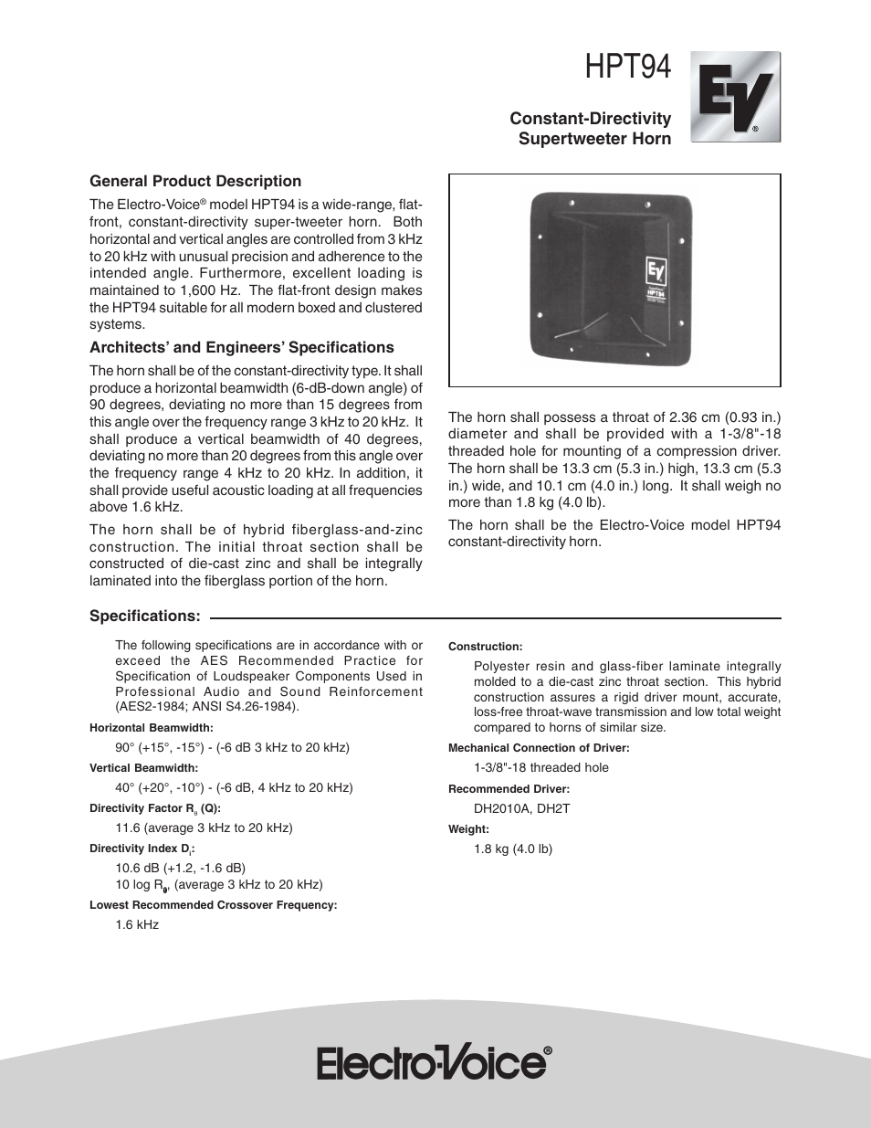 Electro-Voice HPT94 User Manual | 2 pages