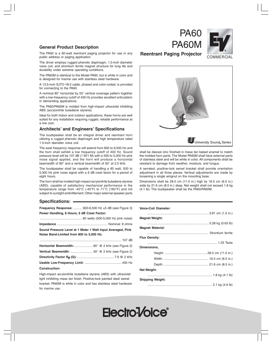 Electro-Voice PA60 User Manual | 2 pages