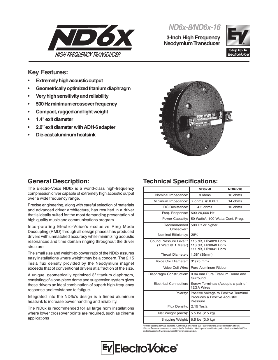Electro-Voice 3-Inch High Frequency Neodymium Transducer ND6x-8 User Manual | 2 pages