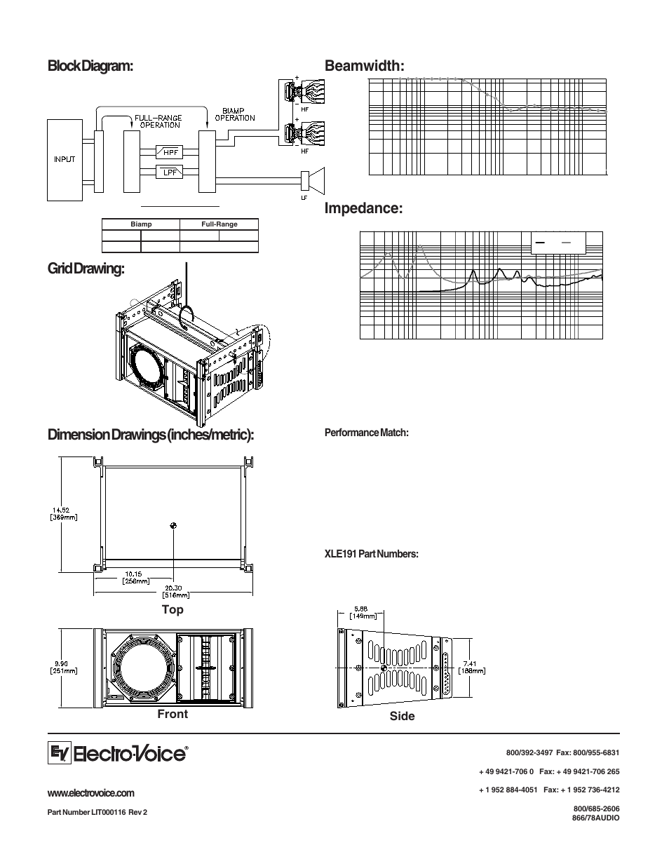 Block diagram: dimension drawings (inches/metric), Impedance, Beamwidth: grid drawing | Side front top, Performance match, Xle191 part numbers, Connection chart | Electro-Voice XLE191 User Manual | Page 2 / 2