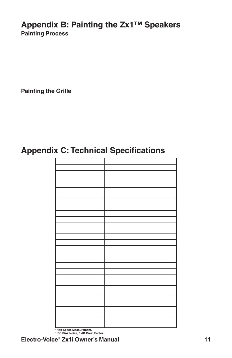 Appendix b: painting the zx1™ speakers, Appendix c: technical specifications, Electro-voice | Zx1i owner’s manual 11, Painting process, Painting the grille | Electro-Voice Zx1i-90 User Manual | Page 11 / 12