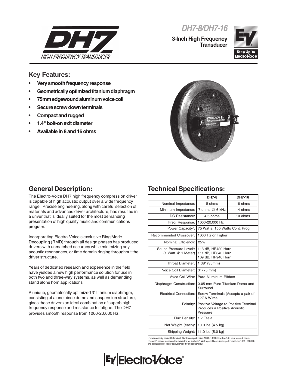 Electro-Voice DH7-16 User Manual | 2 pages