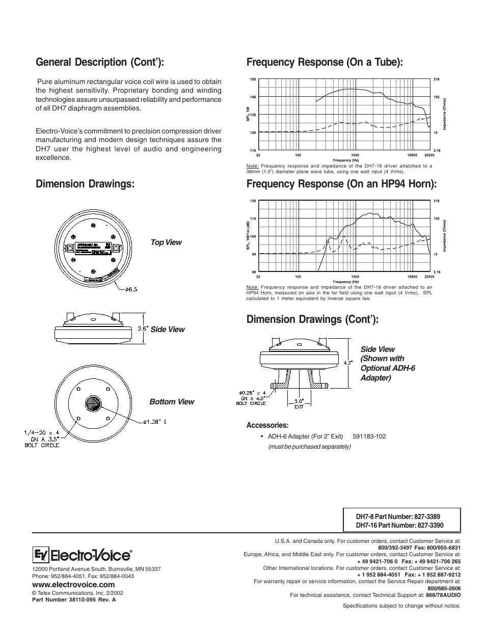 General description (cont’), Dimension drawings (cont’) | Electro-Voice DH7-16 User Manual | Page 2 / 2