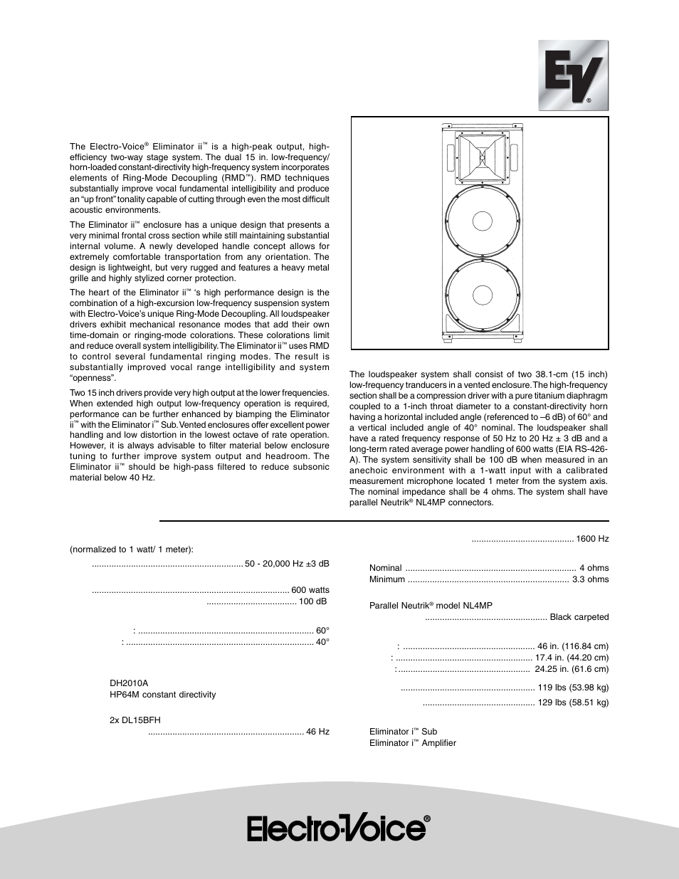 Electro-Voice Two-Way High-Output Stage System Eliminator ii User Manual | 2 pages