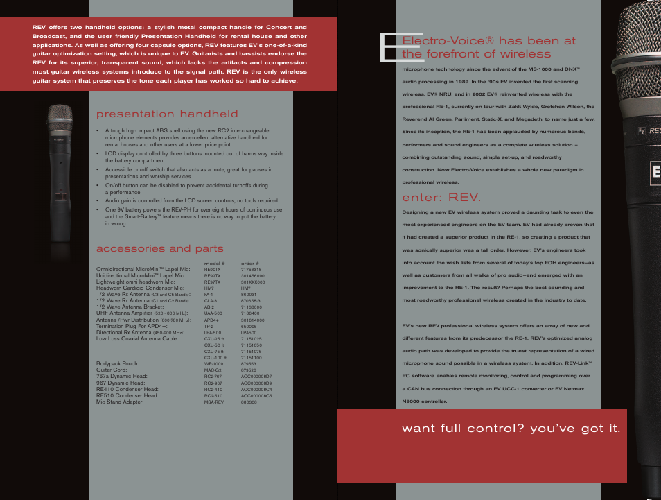 Want full control? you’ve got it, Enter: r ev, Presentation handheld | Accessories and parts | Electro-Voice N/DYM 767a User Manual | Page 6 / 8