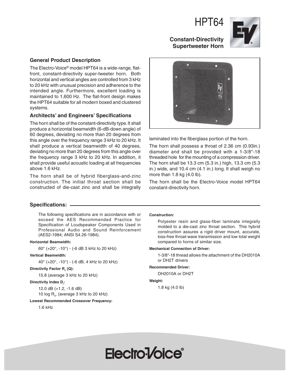 Electro-Voice HPT64 User Manual | 2 pages