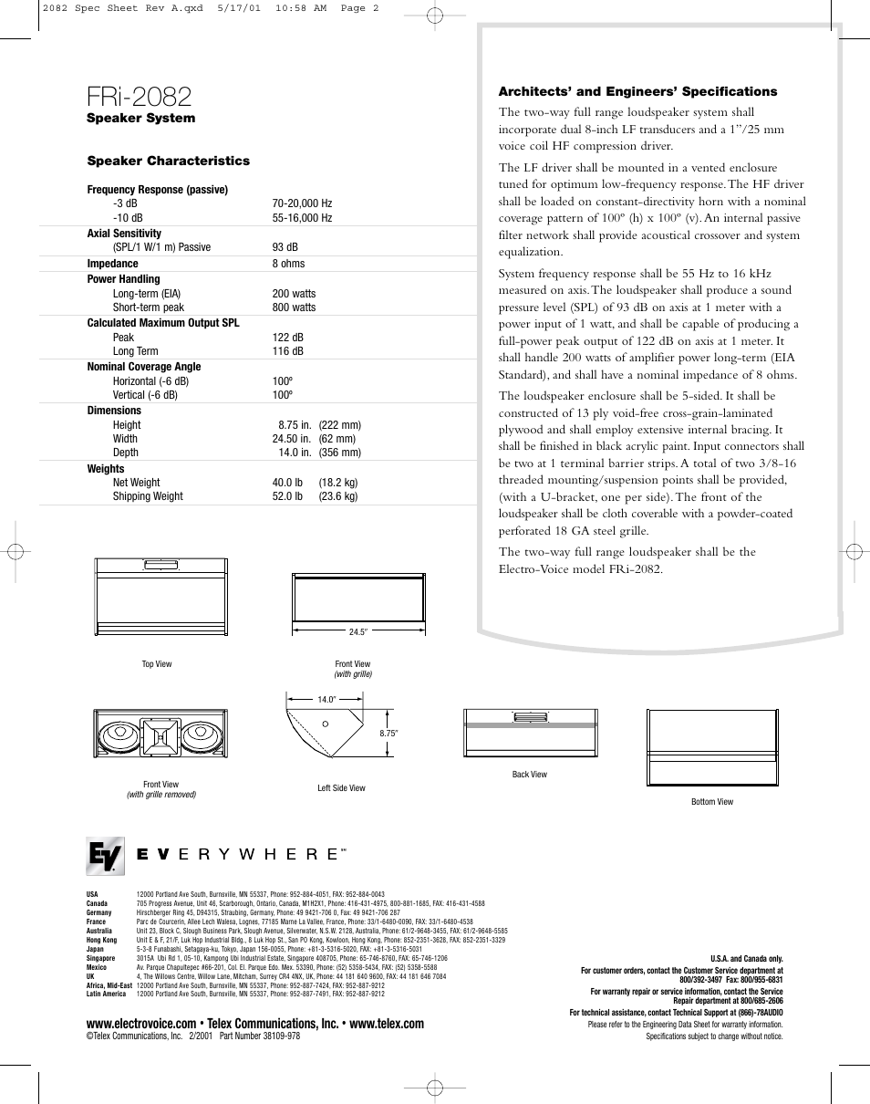 Fri-2082, Telex communications, inc | Electro-Voice FRi-2082 User Manual | Page 2 / 2