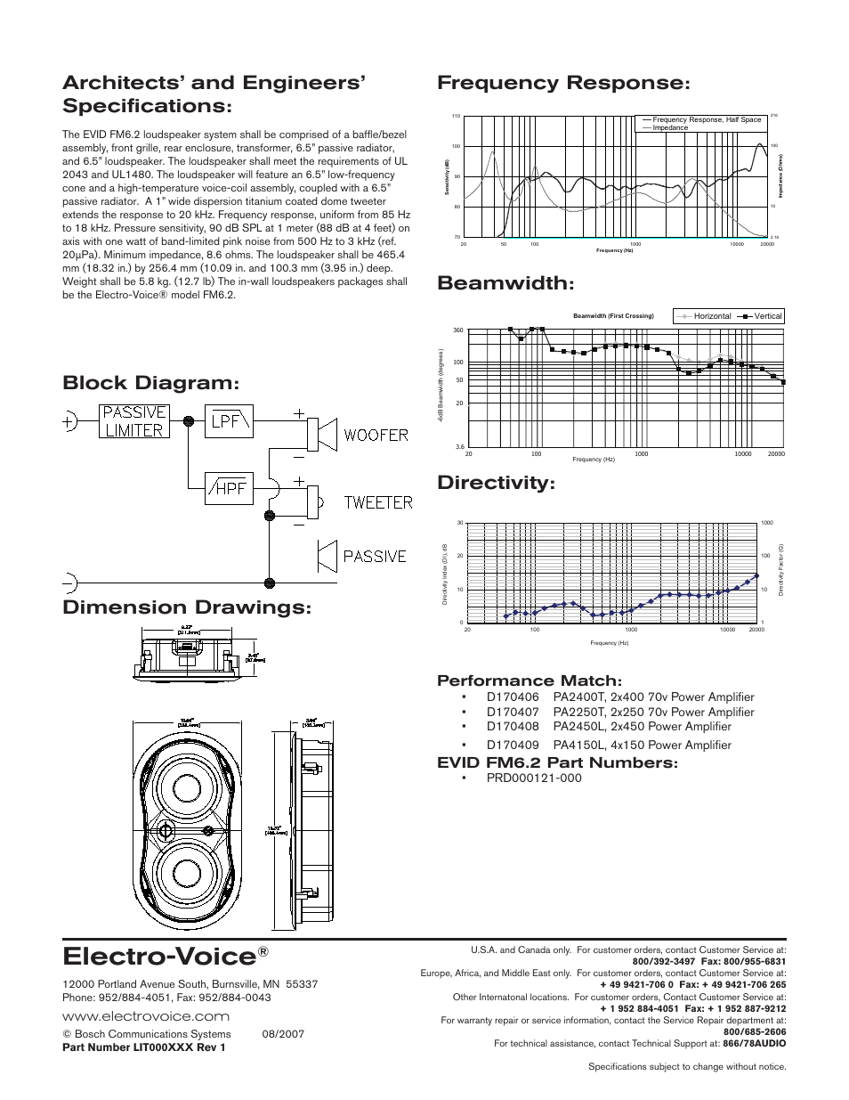 Electro-voice, Architects’ and engineers’ specifications, Performance match | Evid fm6.2 part numbers | Electro-Voice EVID FM6.2 User Manual | Page 2 / 2