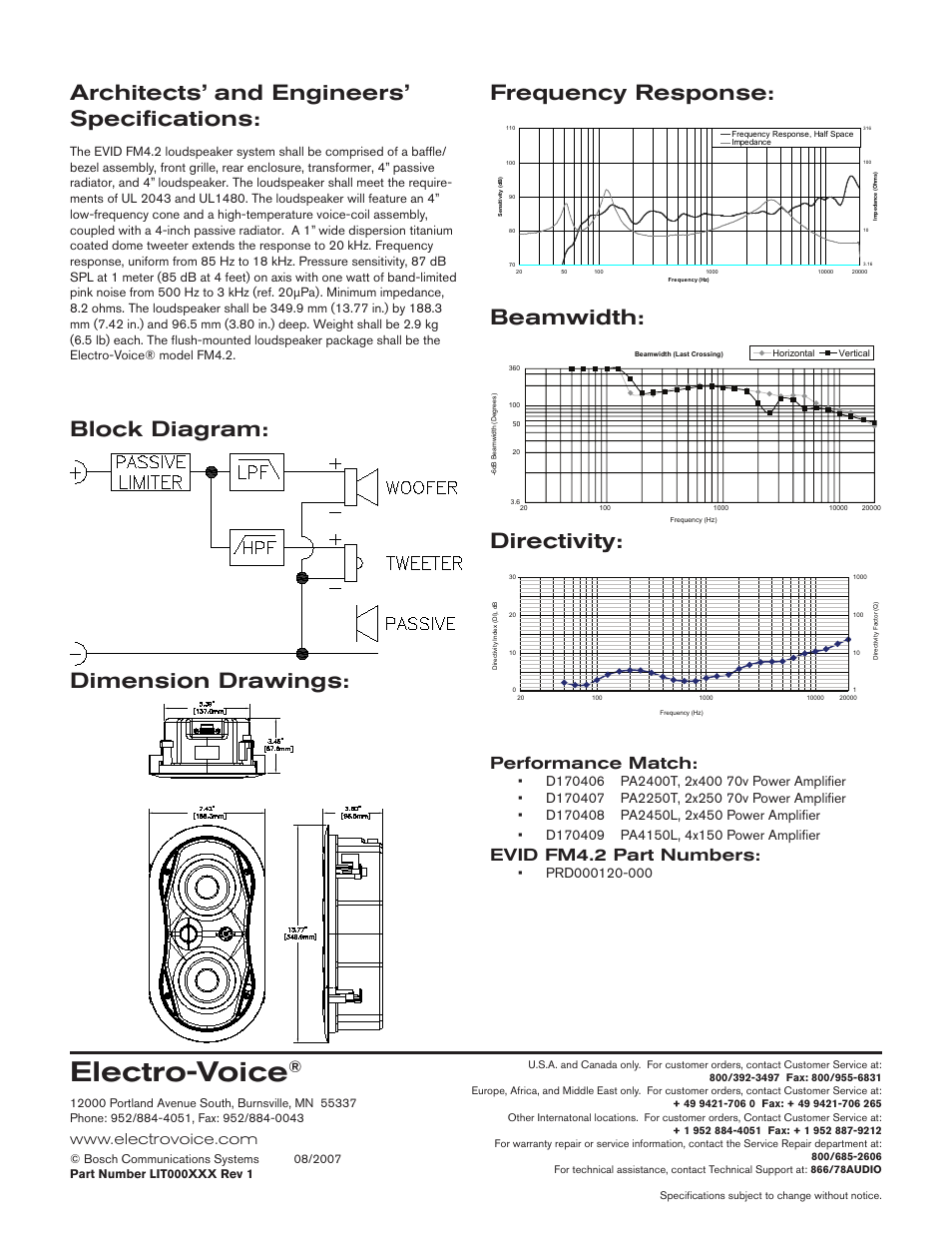 Electro-voice, Architects’ and engineers’ specifications, Performance match | Evid fm4.2 part numbers | Electro-Voice EVID FM4.2 User Manual | Page 2 / 2