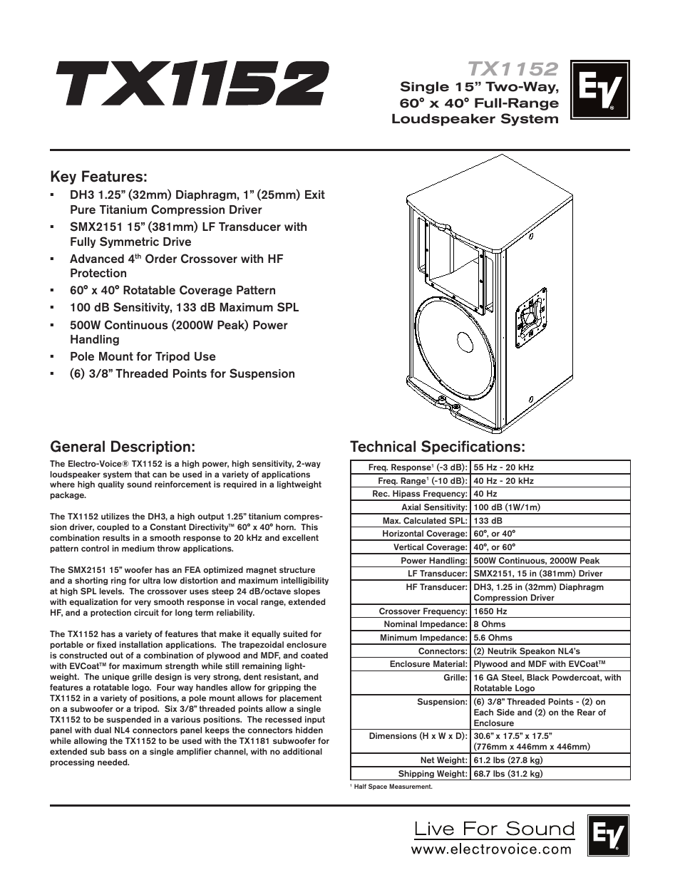 Electro-Voice TX1152 User Manual | 2 pages