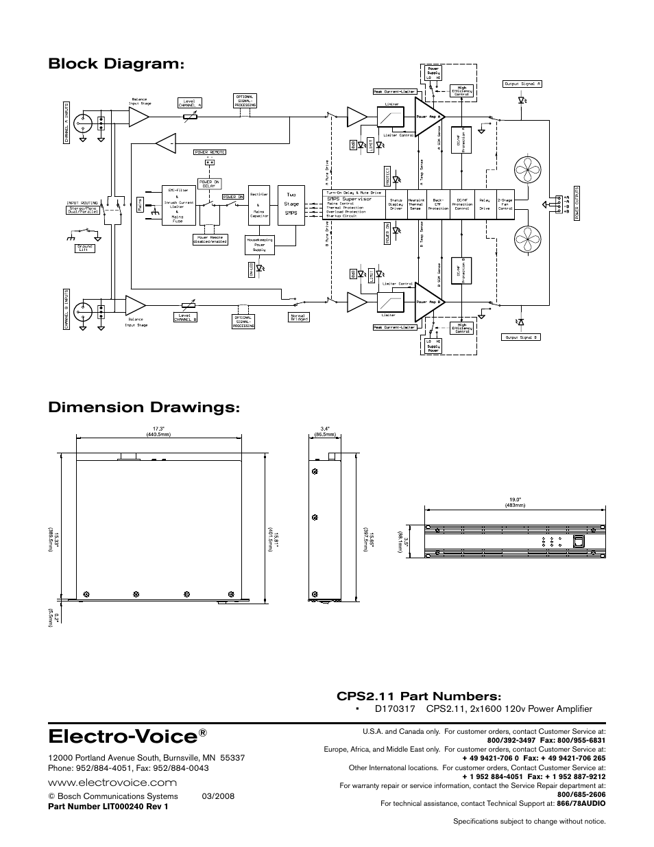 Electro-voice, Block diagram: dimension drawings, Cps2.11 part numbers | Electro-Voice High-Efficient User Manual | Page 2 / 2