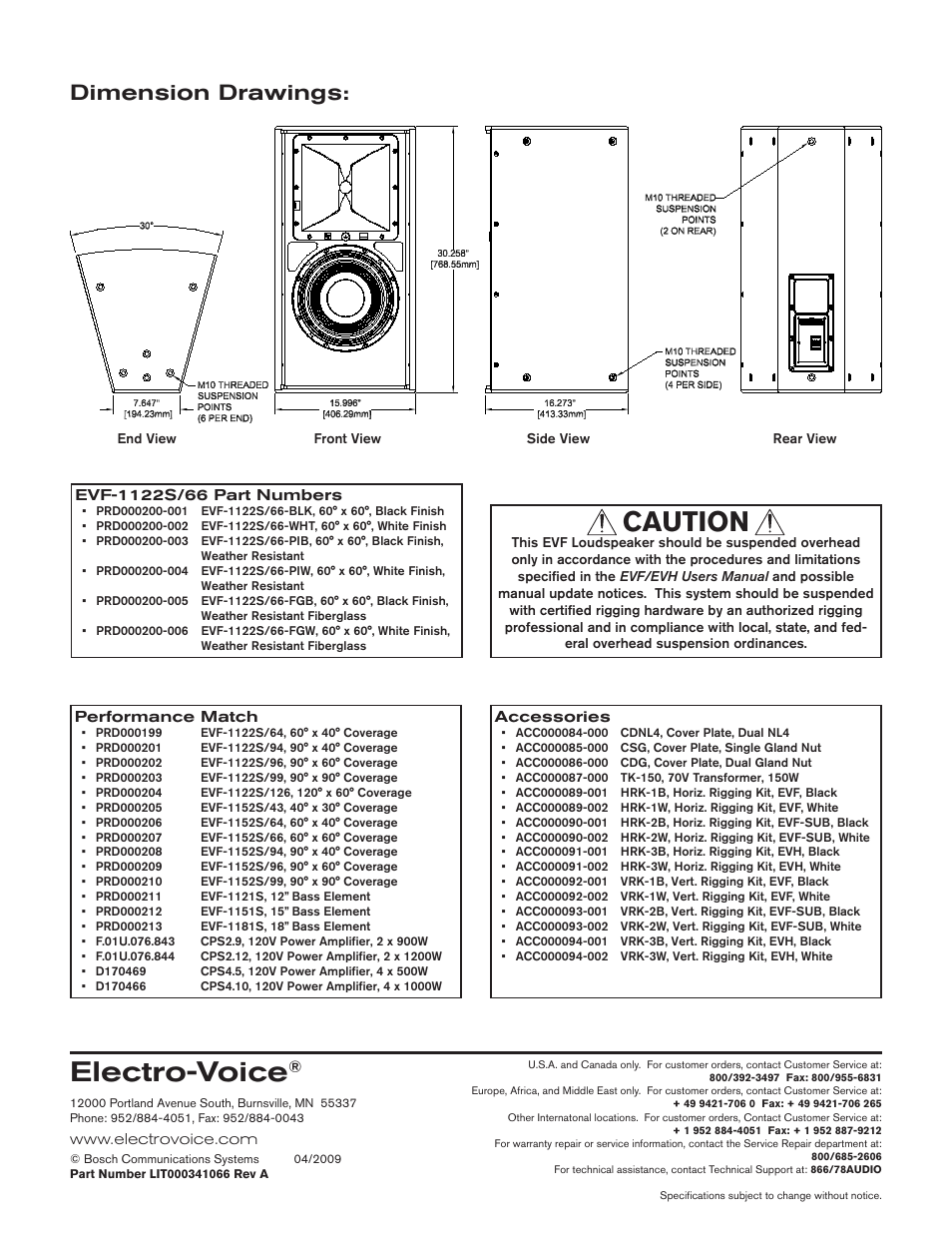 Electro-voice, Caution, Dimension drawings | Electro-Voice EVF-1122S/66 User Manual | Page 4 / 4