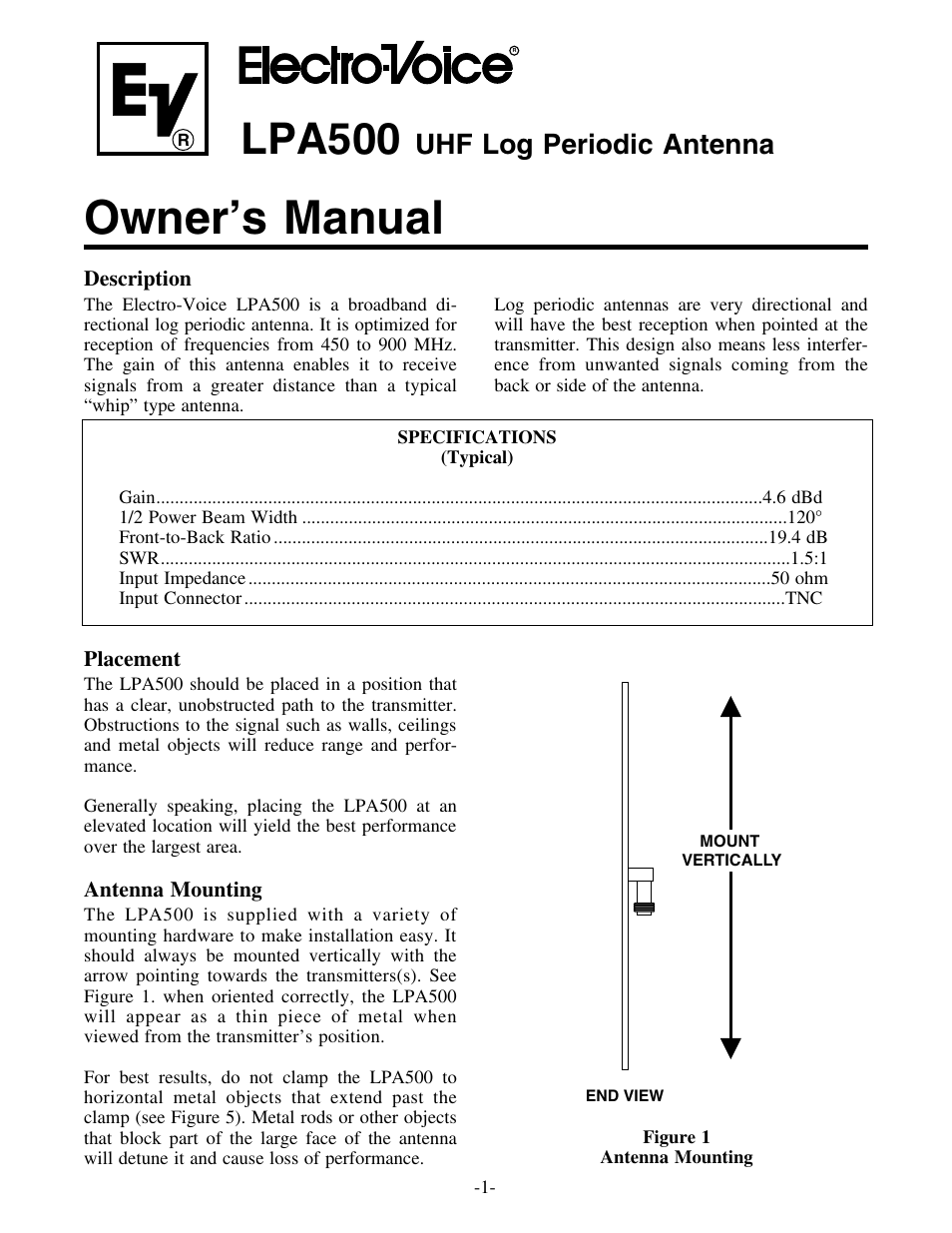 Electro-Voice LPA500 User Manual | 7 pages