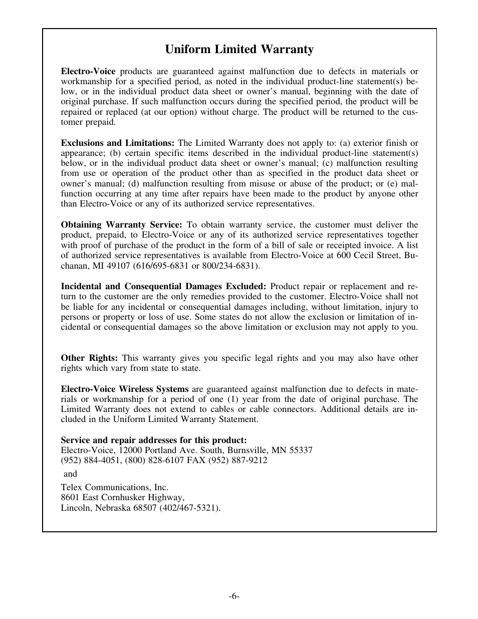 Uniform limited warranty | Electro-Voice LPA500 User Manual | Page 6 / 7