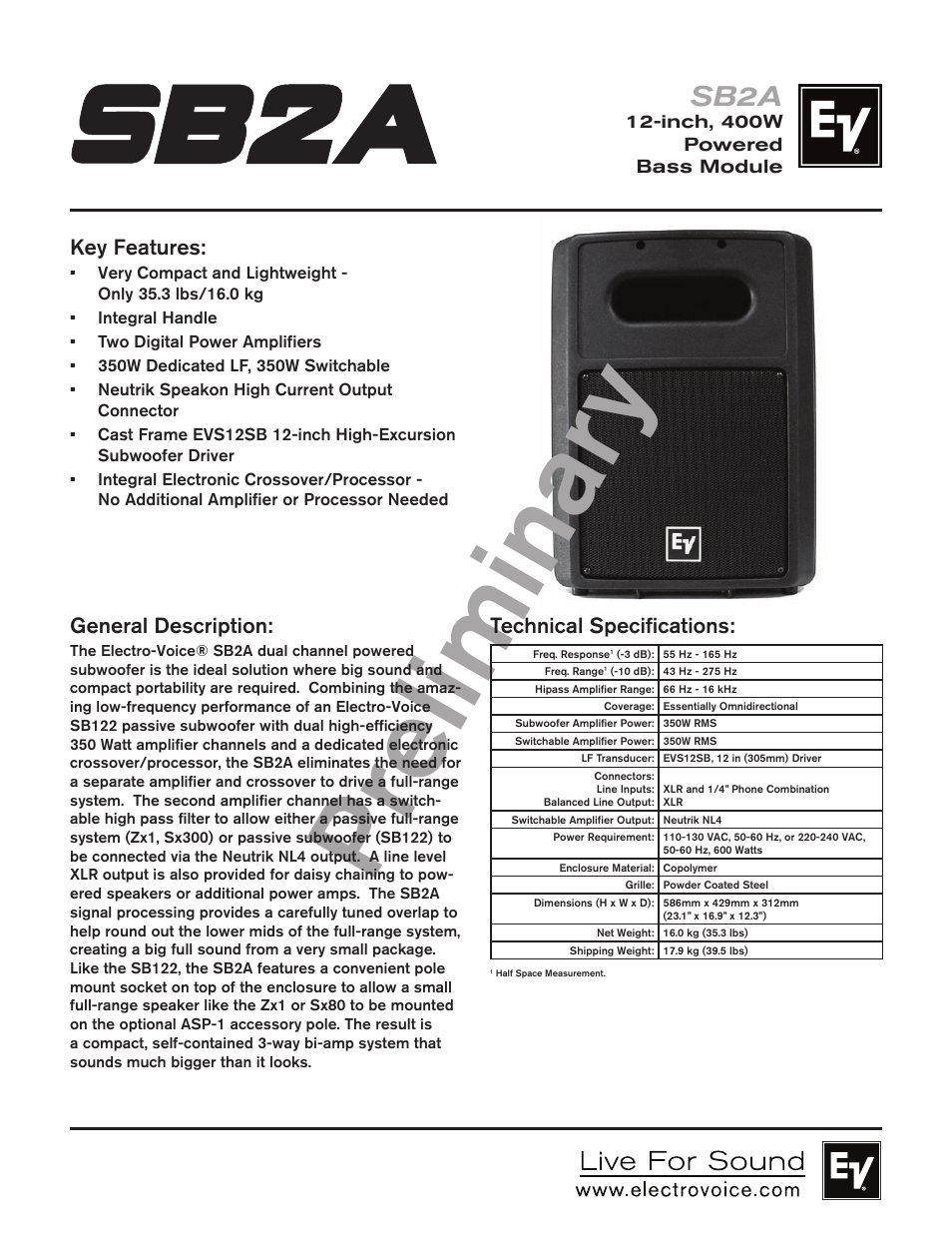 Electro-Voice Active Subwoofer SB2A User Manual | 2 pages