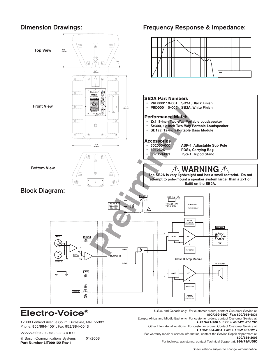Preliminary, Electro-voice, Warning | Dimension drawings, Frequency response & impedance: block diagram | Electro-Voice Active Subwoofer SB2A User Manual | Page 2 / 2