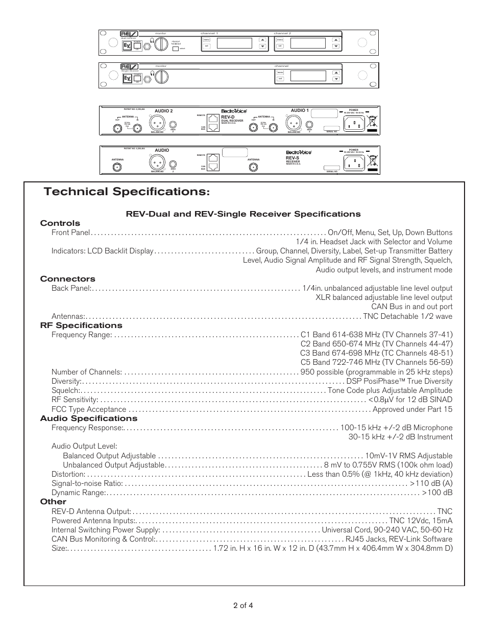 Technical specifications, 2 of 4 | Electro-Voice REV User Manual | Page 2 / 4