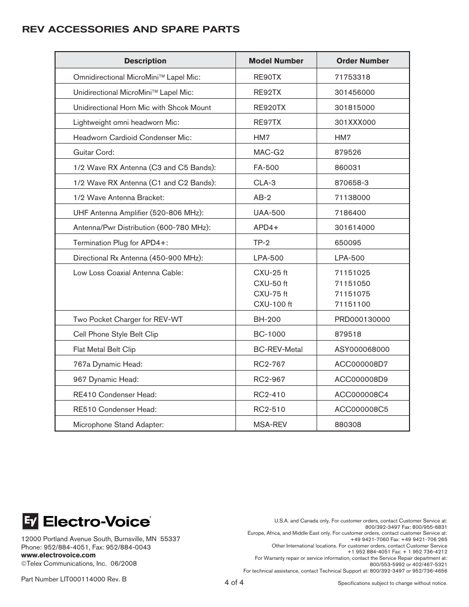 Rev accessories and spare parts | Electro-Voice REV User Manual | Page 4 / 4
