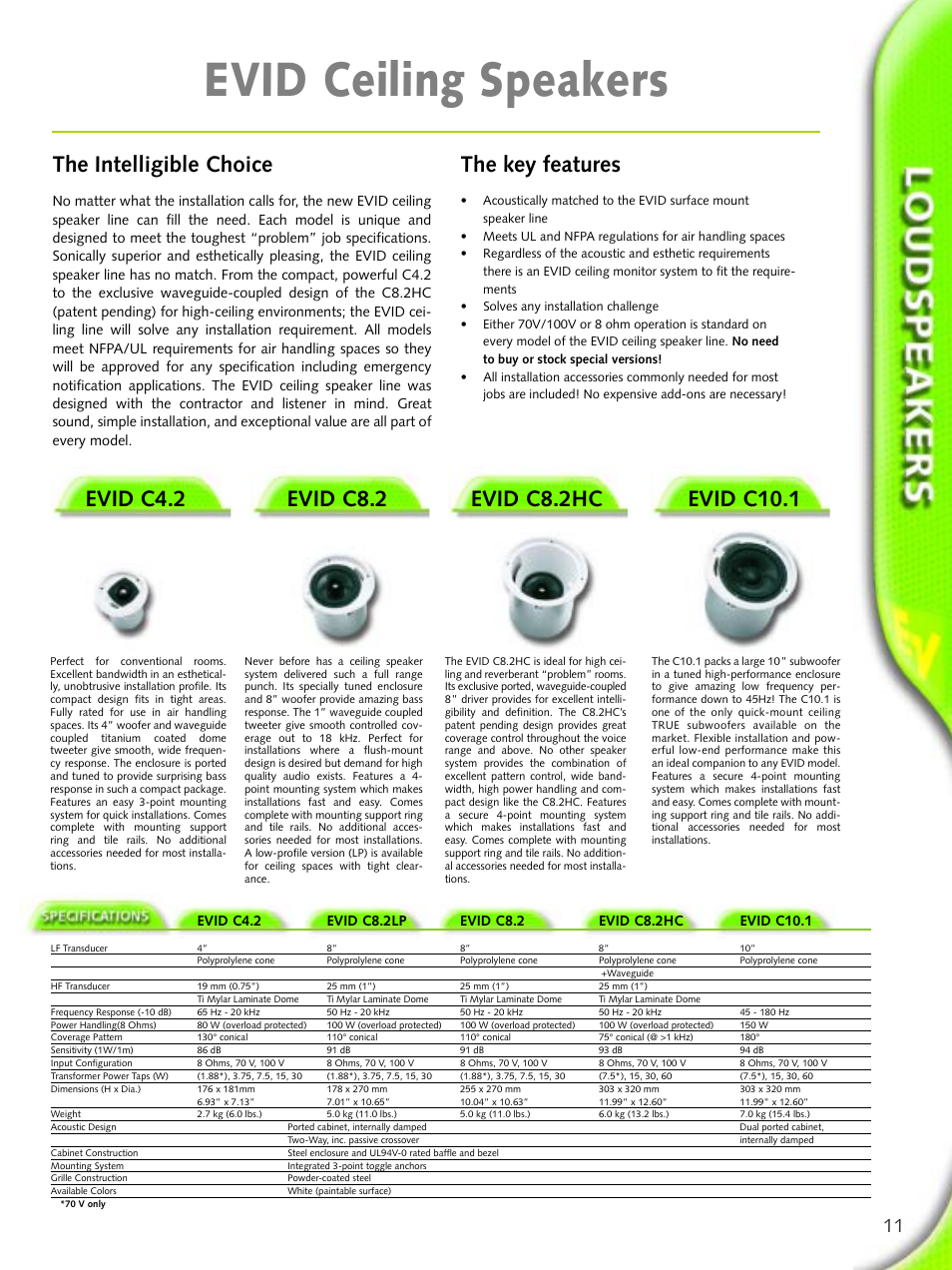 Evid ceiling speakers, Evid c4.2, Evid c8.2 | Evid c8.2hc, Evid c10.1 the intelligible choice, The key features | Electro-Voice Microphone User Manual | Page 11 / 92