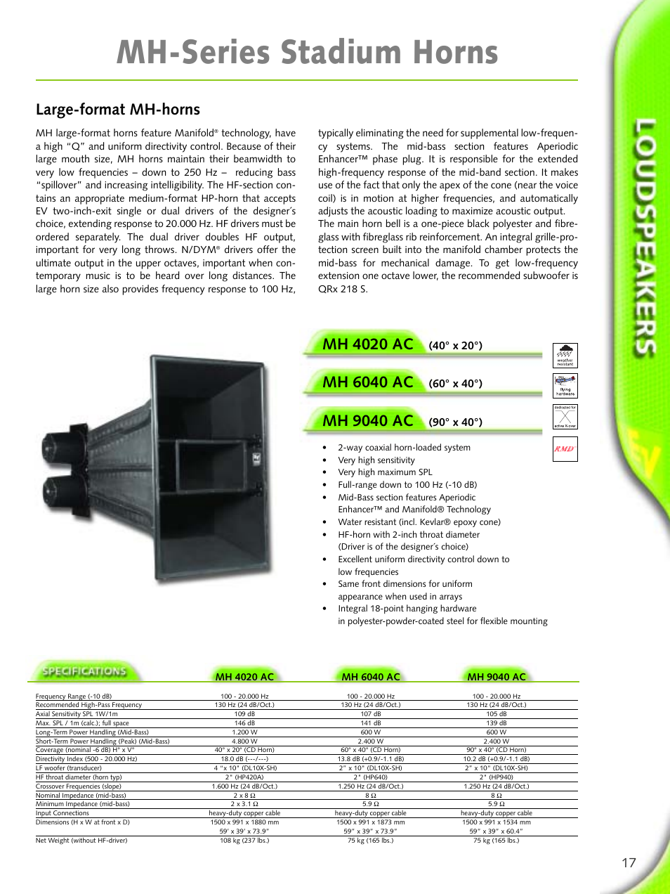 Mh-series stadium horns, Large-format mh-horns mh 4020 ac, Mh 6040 ac | Mh 9040 ac, 40° x 20°), 60° x 40°), 90° x 40°) | Electro-Voice Microphone User Manual | Page 17 / 92